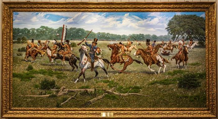 An oil painting depicting a battle on the American frontier
